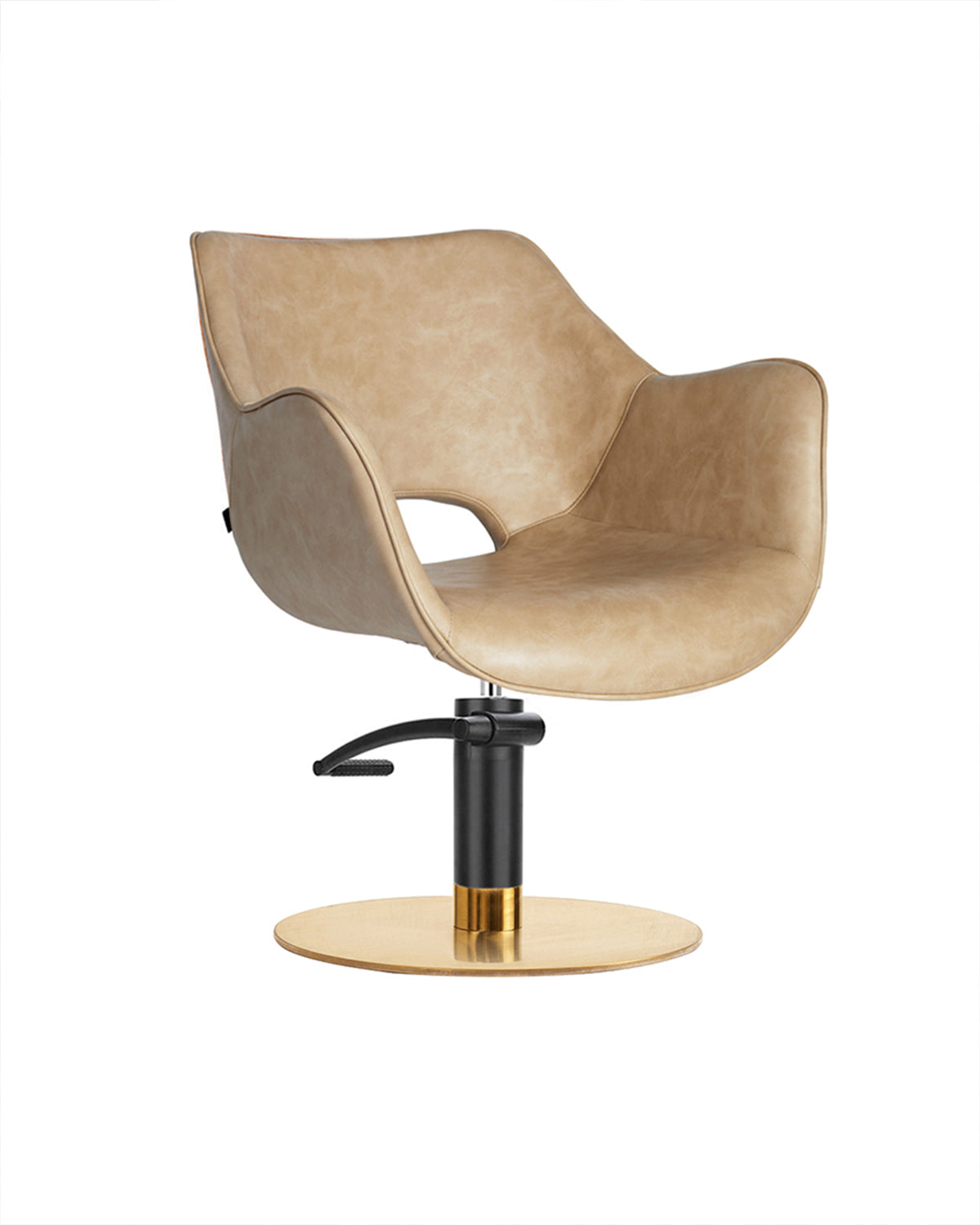 Chloe Sand - Fauteuil de coiffure beige - Pompe noire - Base ronde en laiton